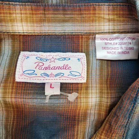 Panhandle Shirt Womens Large Blue Yellow Plaid Western Pearl Snap Embroidered - Picture 5 of 8